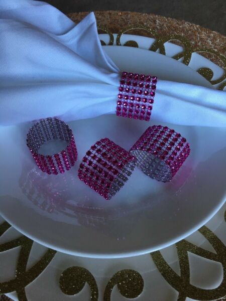 10 diamond crystar Rhinestone napking rings wedding party holder mesh pink
