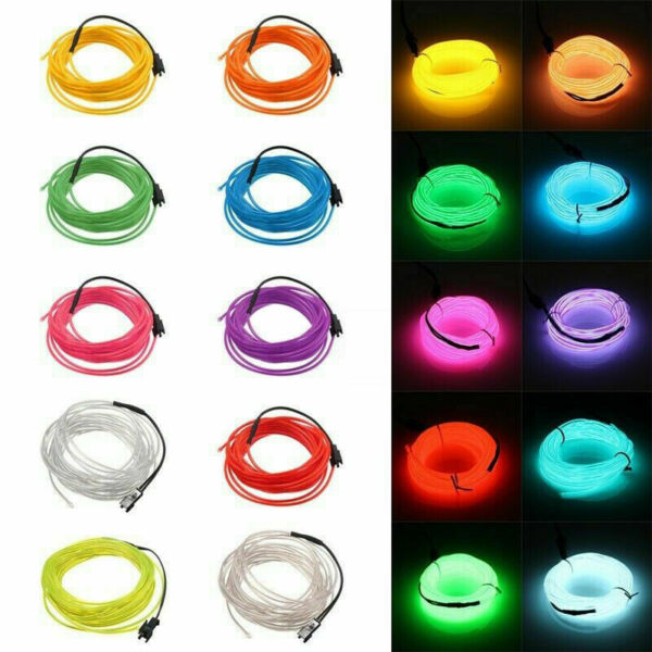 3ft 6ft 9ft EL Wire Neon LED Light Glow String Strip Rope Tube Battery Operated