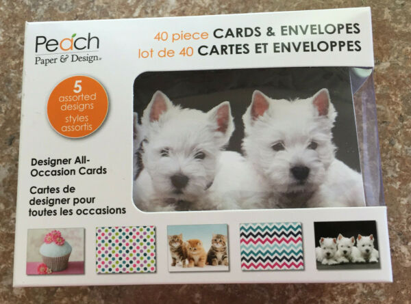 40 Piece Blank Cards Envelopes 5 Assorted Designs PuppiesKittysCupcakes