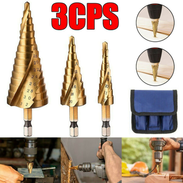 1 3PCS HSS Hex Spiral Step Cone Drill Bits Hole Cutter Titanium Metal Tool 4 32m