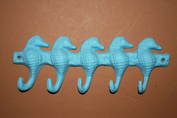 1 Aqua Color Seahorse Key Hook Ocean Theme Key Rack Cast Iron 5 hooks
