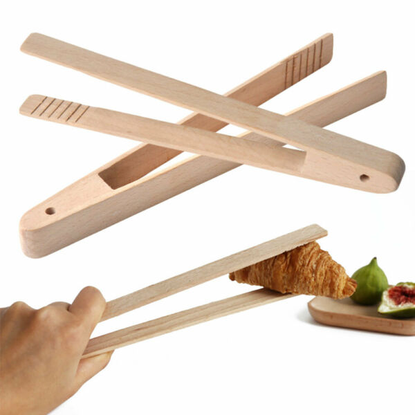 1pc Wooden Clamp Food Toast Tongs Toaster Bacon Sugar Ice Tea Tong Salads