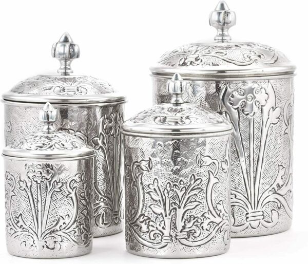 4 Piece Art Nouveau Canister set One Size Stainless Steel Antique Pewter