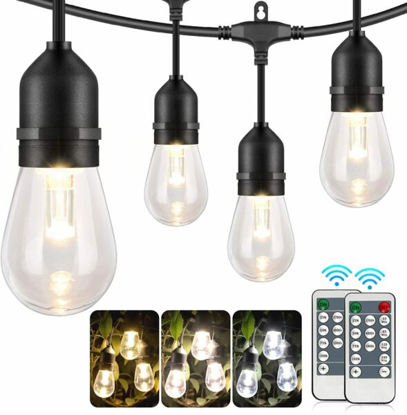3 Color Outdoor LED Dimmable String Lights for Patio with Remotes 48FT Black