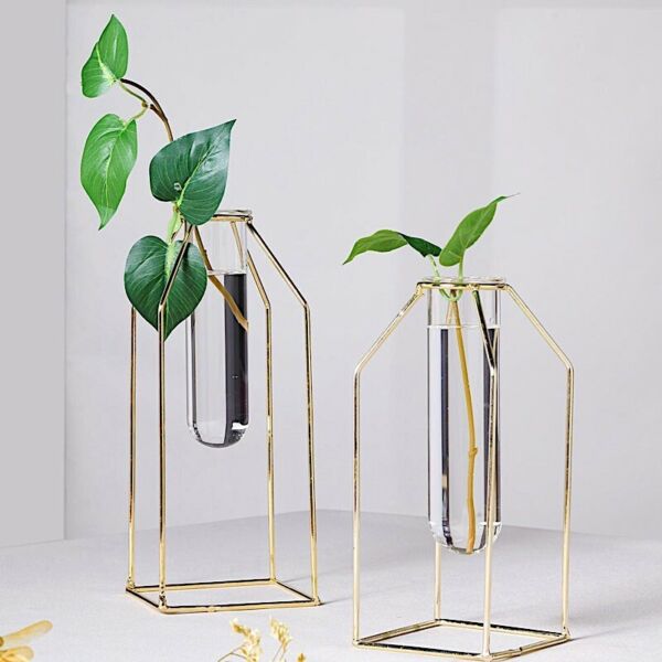 2 GOLD Geometric Vases with Clear Glass Tubes Wedding Party Flower Vase Holders