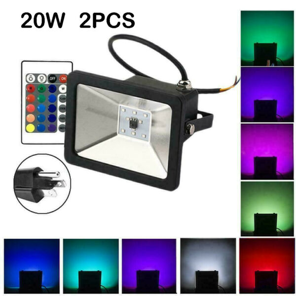 2XPCS 20W RGB LED Floodlight Light Remote Control Projector Light Waterproof
