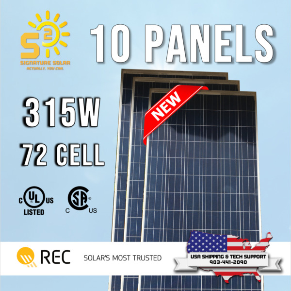 10pc REC 315W 72 cell Grid Tie NEW Solar Panels: Tier 1 TEMPERED GLASS