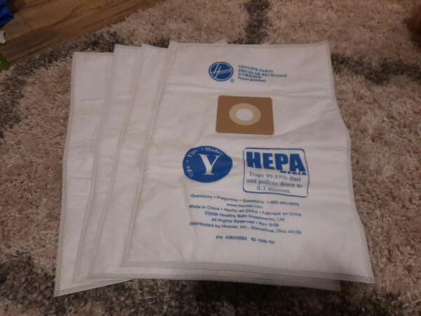 4 PACK Genuine Hoover Vacuum Cleaner Bags Type Y 43655082 Hepa Media