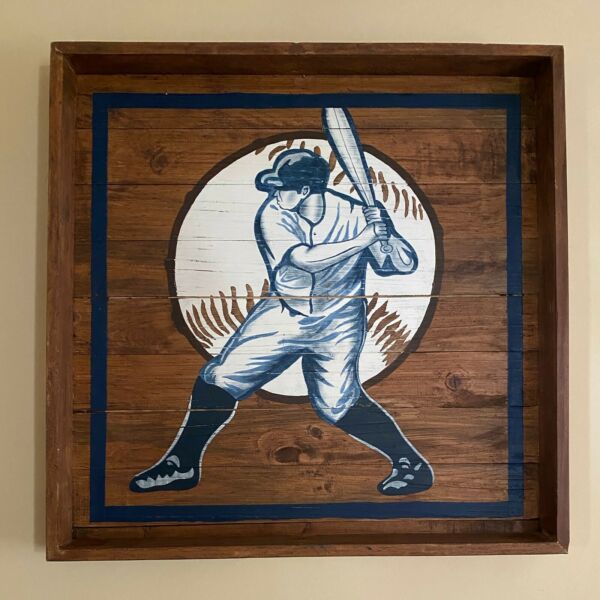 $129 POTTERY BARN Kids Baseball Player Framed Wooden Artwork Rustic 30x30
