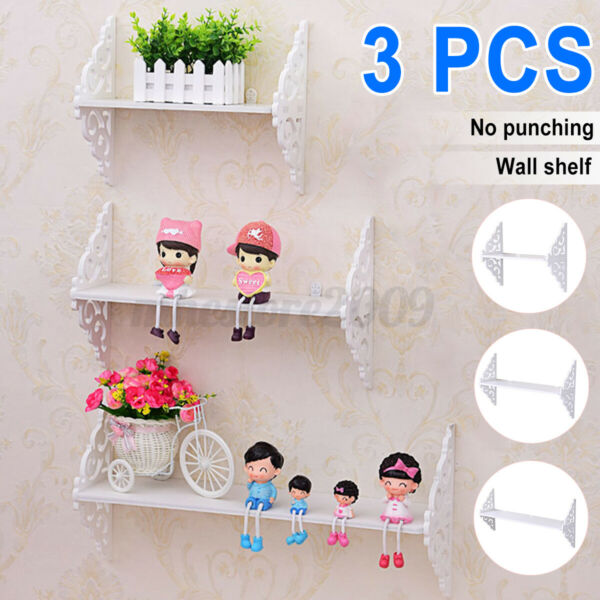 3Pcs Wood White Carved Wall Shelf Shelves Holder Storage Rack Stand Support Home
