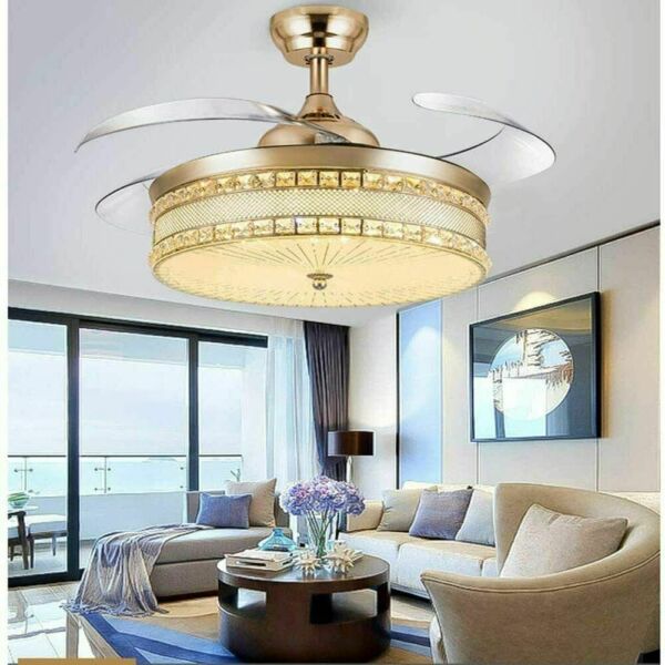 42 Inch Gold Crystal Ceiling Fan Chandelier 3 Color Dimmable Ceiling Fan Light