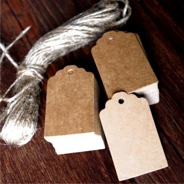 10 25 50 100 Kraft Paper Gift Tags Scallop Label Luggage Wedding Strings 5x3cm