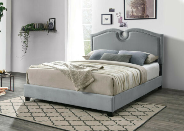 1Pc Contemporary Upholstered King Size Bed Wood Veneer Gray Velvet Color