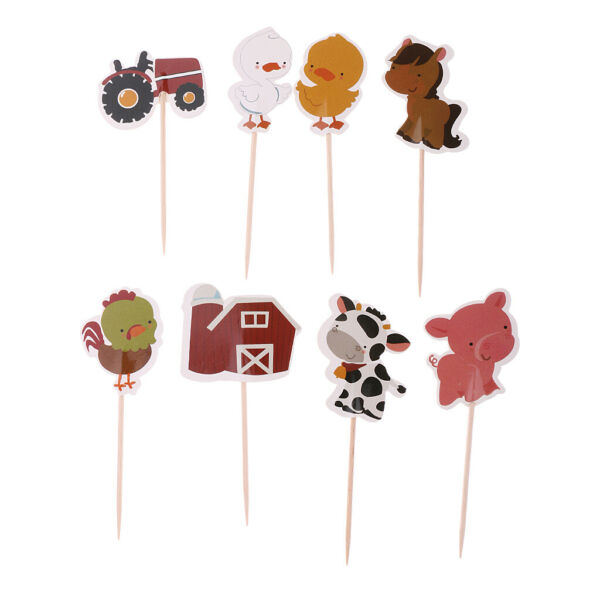 24x Cute Farm Animals Cake Toppers Cupcake Picks Chicken Horse Duck Shapes