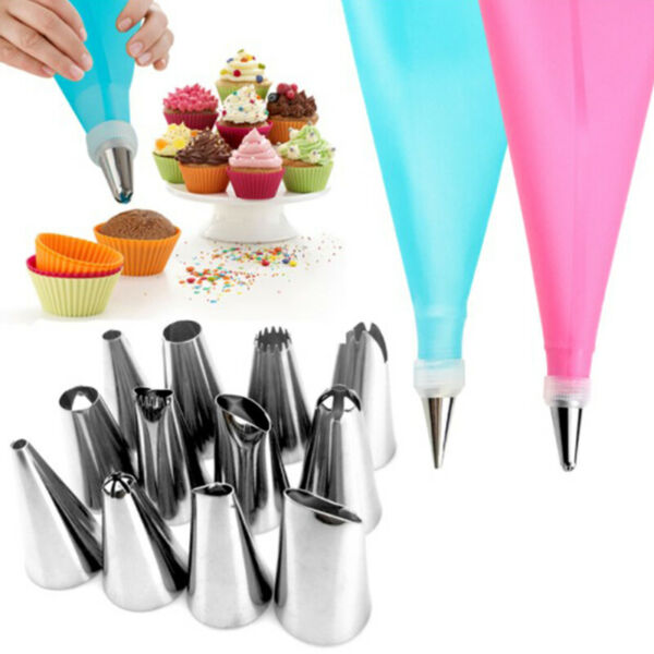 1pc Silicone Icing Piping Cream Pastry Bag 6PC Stainless Steel Noz ur