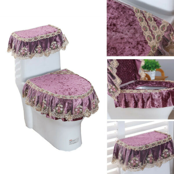 3pcs Set Soft Toilet Seat Cover Lace Velvet Tank Cover Lid Pads Washable Home