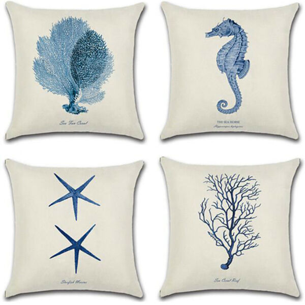 18 Blue White Marine life Pattern Cushion Cover Pillow Case Home Sofa Decor
