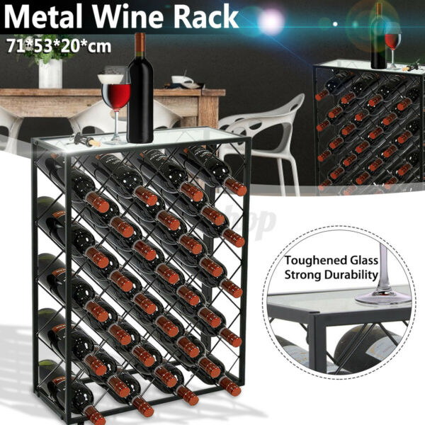 32 Bottle Wine Rack Black Metal Floor Standing Holds Storage Holder Shelf