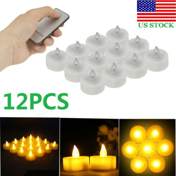12 Flickering Battery Operated Flameless LED Tea Light Tealight Candles w Remote